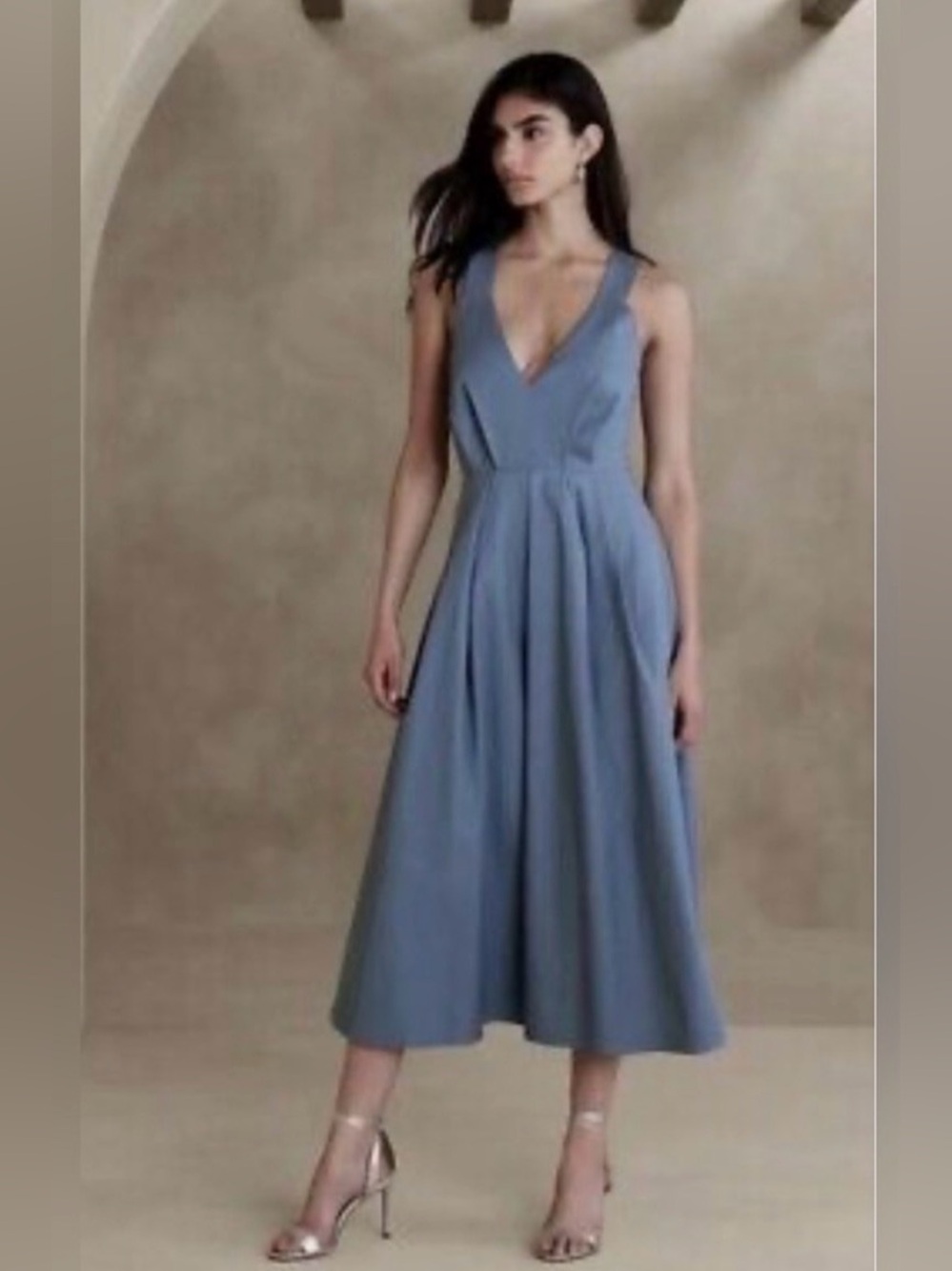 NWT! Banana Republic Ivy Cotton V-Neck Midi Dress in Dusty Blue Size 10